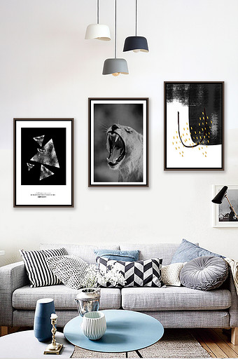 简欧黑白抽象几何动物客厅卧室酒店装饰画图片
