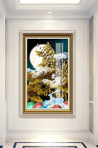 简欧森林树木麋鹿风景晶瓷玄关装饰画图片