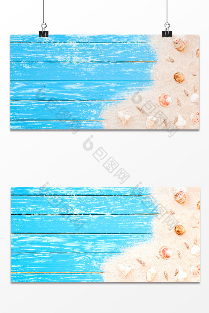 蓝色清爽木板沙滩贝壳度假夏日旅游纹理背景