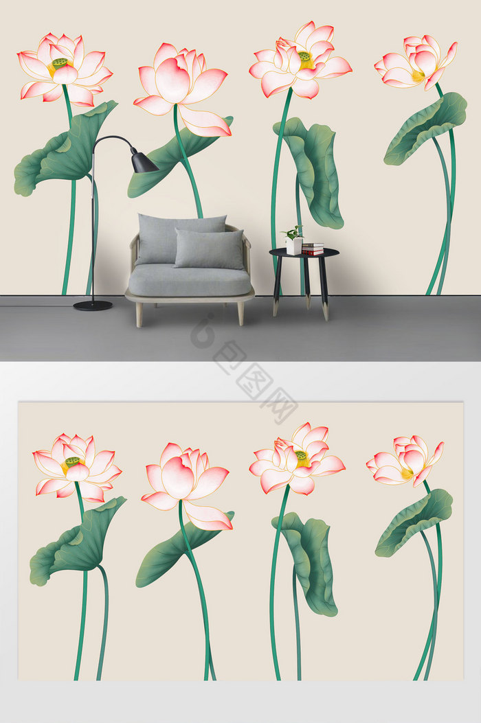 新中式手绘素雅荷花沙发电视背景墙装饰画图片