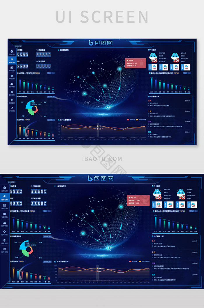 蓝色警情综合调度视觉可视化UI网页界面