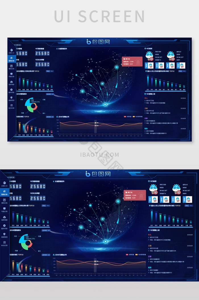 蓝色警情综合调度视觉可视化UI网页界面图片