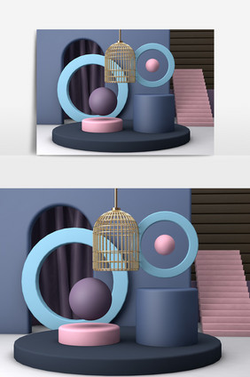 C4D莫兰迪色系蓝色电商小场景模型物理