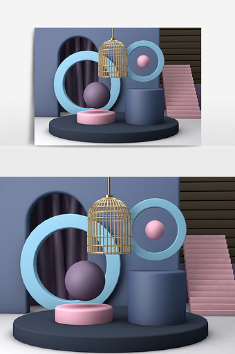 C4D莫兰迪色系蓝色电商小场景模型物理图片