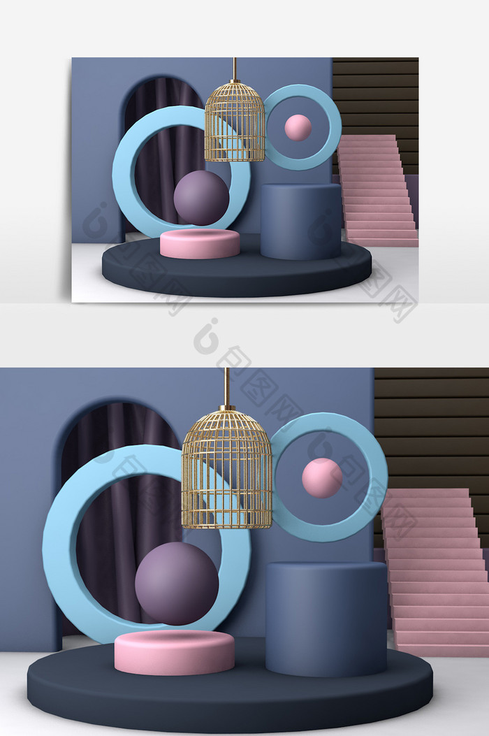 C4D莫兰迪色系蓝色电商小场景模型物理