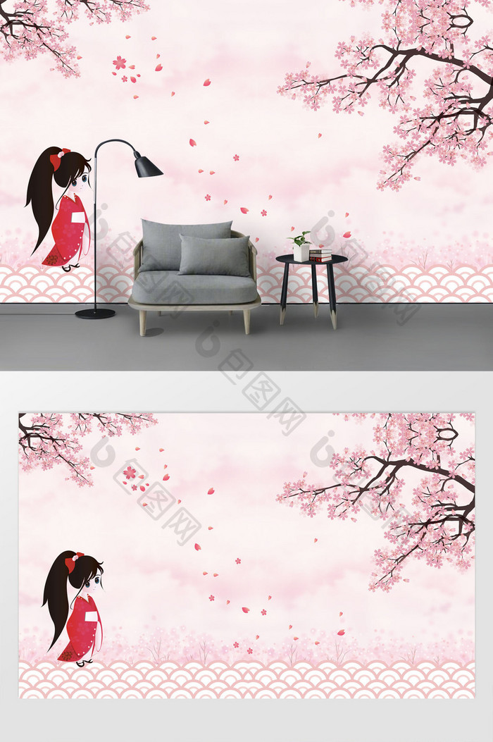 现代唯美粉色樱花花瓣卡通女孩温馨背景墙