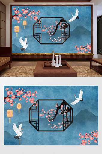 中国风古典花鸟仙鹤梅花客厅电视背景墙图片