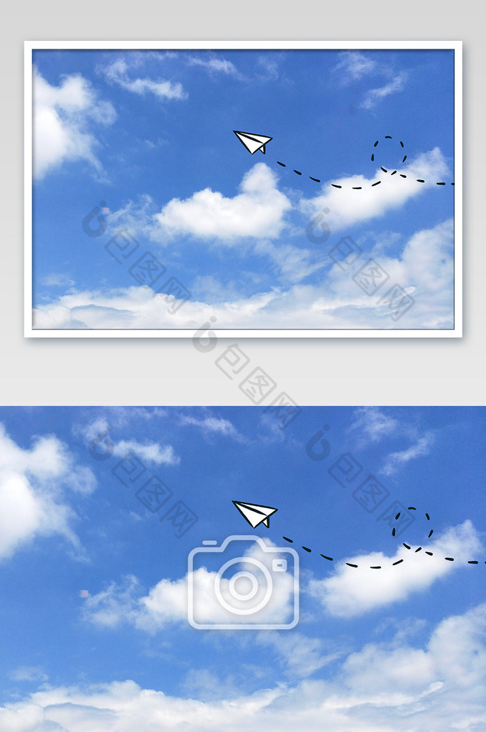 清新蓝色天空和纸飞机手绘创意摄影插画图片