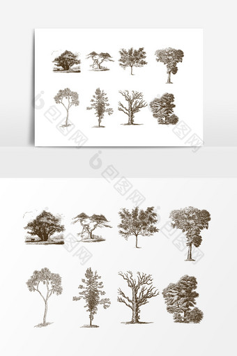 手绘树木素描元素设计图片