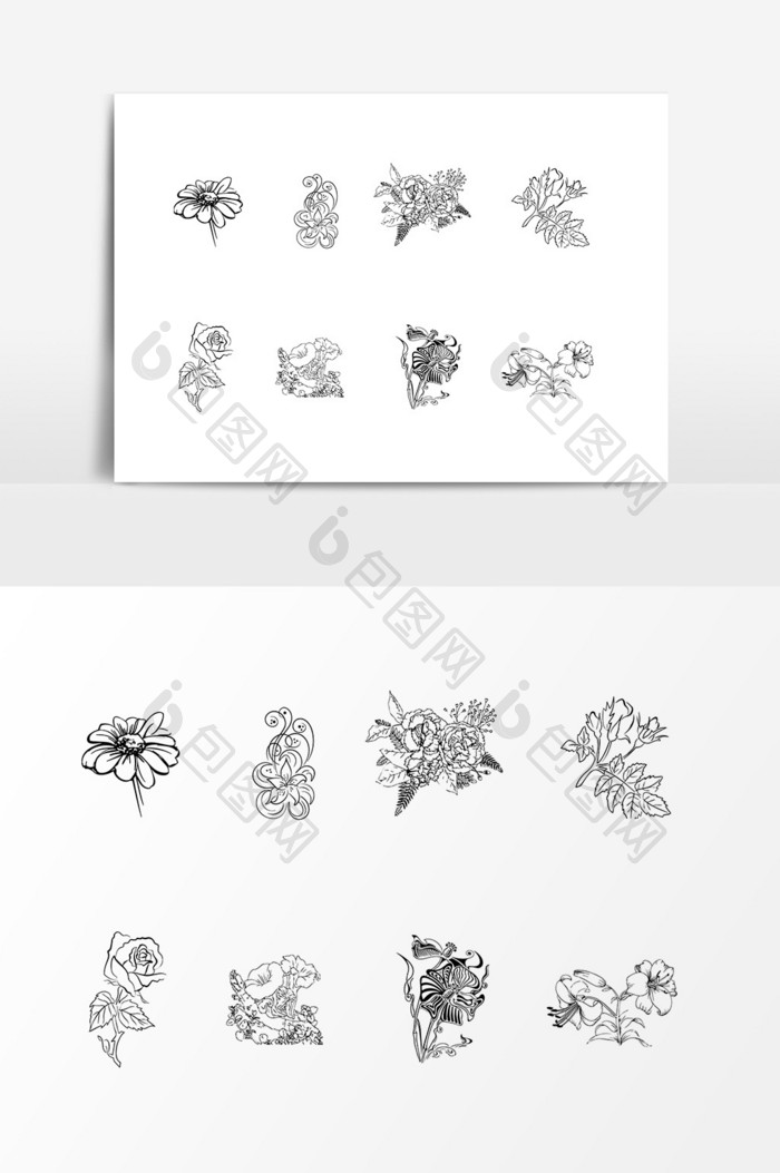 手绘线描植物花朵设计素材