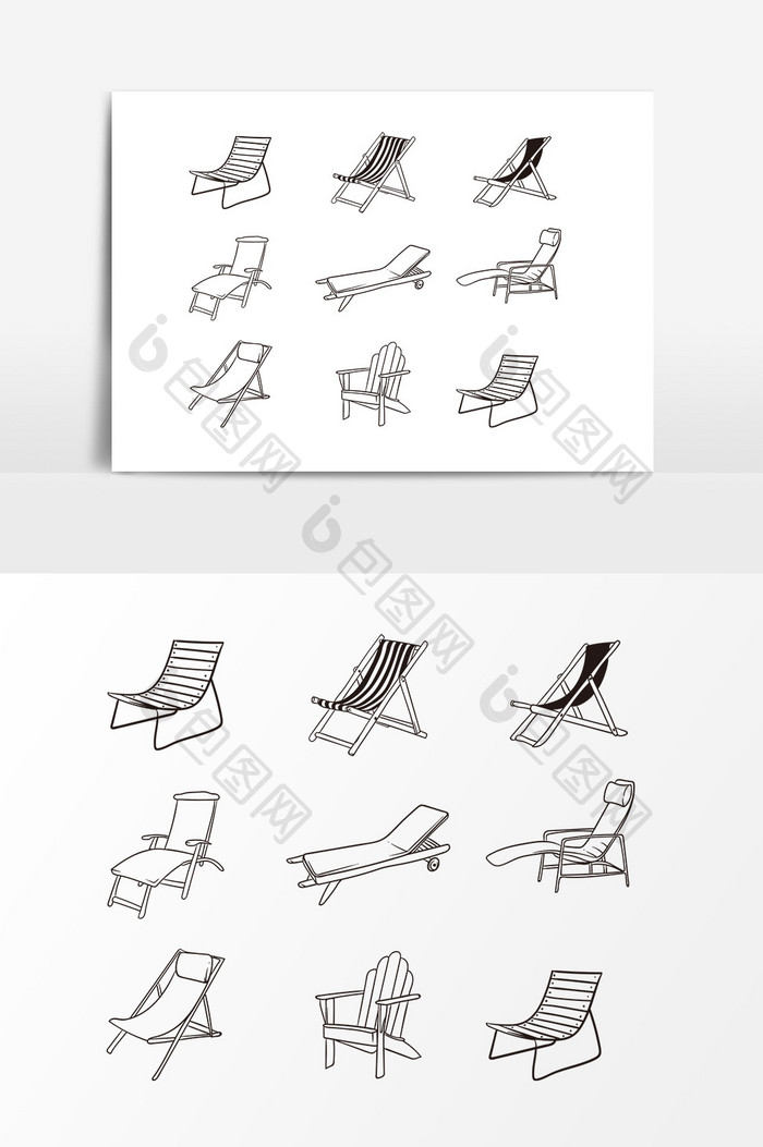 手绘线描沙滩躺椅素材