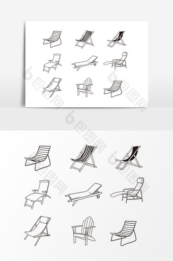 手绘线描沙滩躺椅素材图片