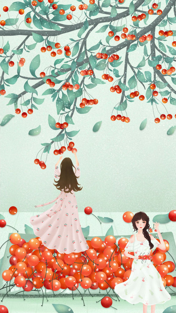 夏至摘樱桃的女孩GIF动图图片