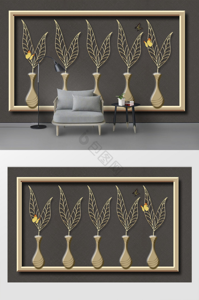 现代时尚布纹金色花瓶叶子蝴蝶电视背景墙图片