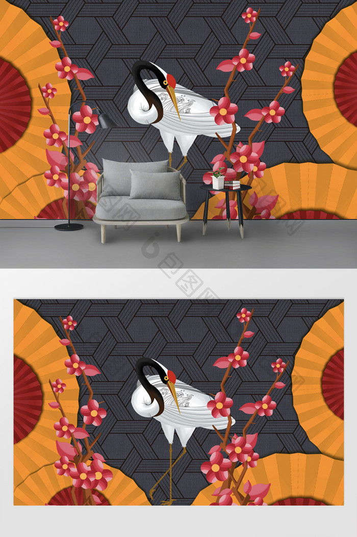 现代时尚网格布纹啥扇形梅花白鹤背景墙