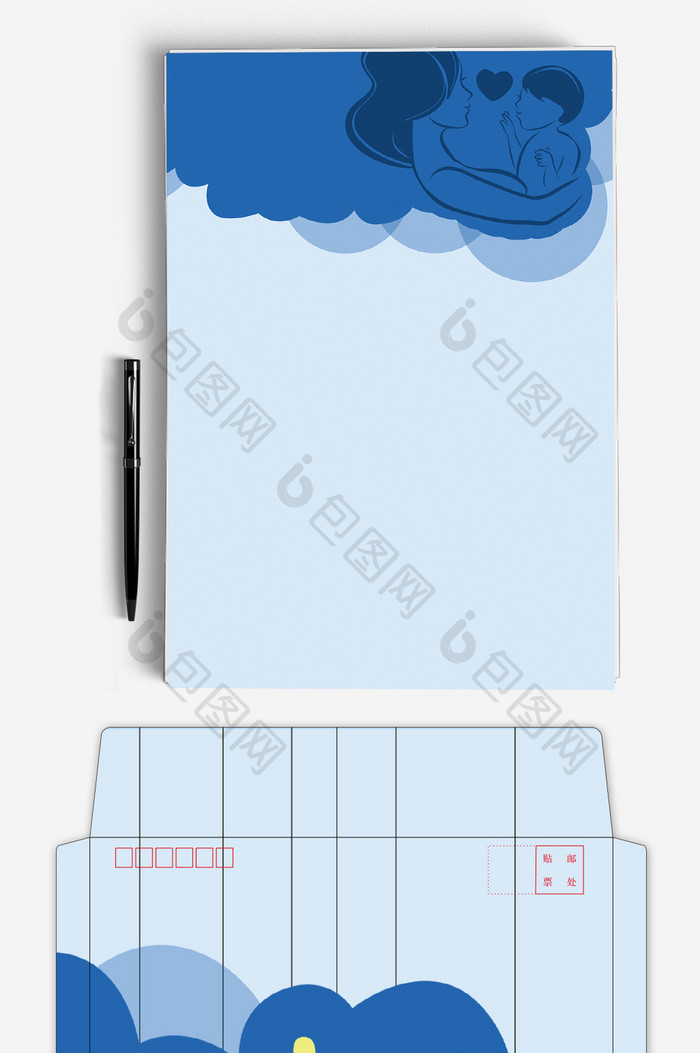 简约蓝色母亲节背景信封信纸word模板