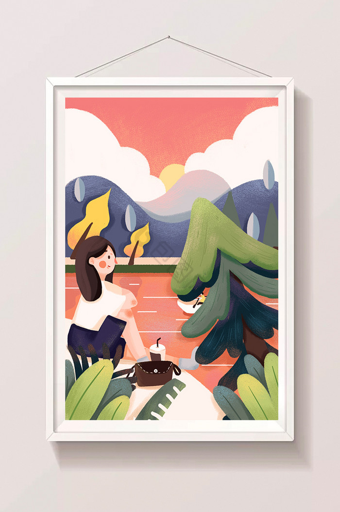 彩色女生旅行外出踏青野外插画