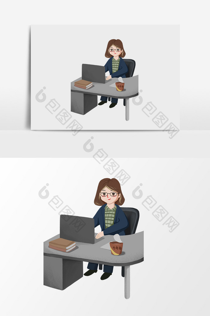 女孩在办公室加班插画元素