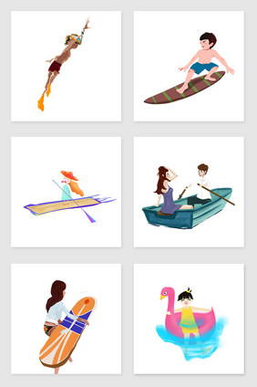 夏天沙滩玩耍冲浪划水人物插画元素