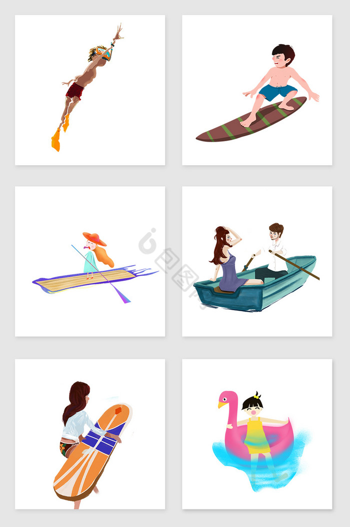夏天沙滩玩耍冲浪划水人物插画图片