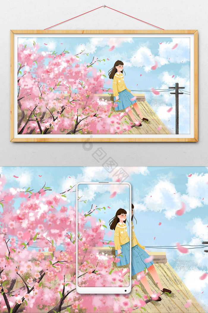 樱花节春天赏花少女美景插画图片