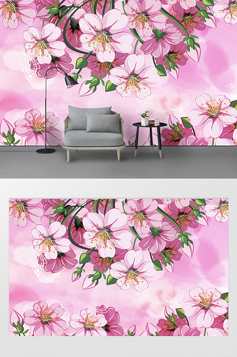 现代简约手绘粉色花卉背景墙壁画图片