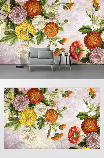 新现代简约手绘花卉背景墙壁画定制图片