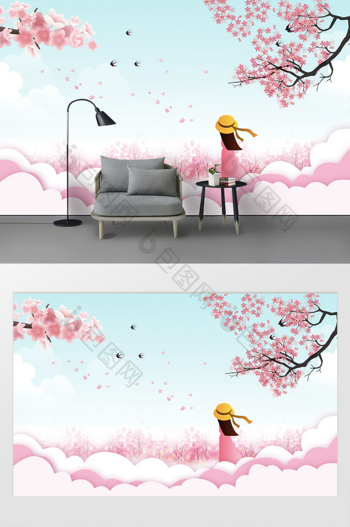 现代唯美意境粉色樱花燕子梦幻蓝色背景墙