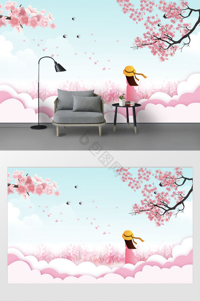 现代唯美意境粉色樱花燕子梦幻蓝色背景墙图片