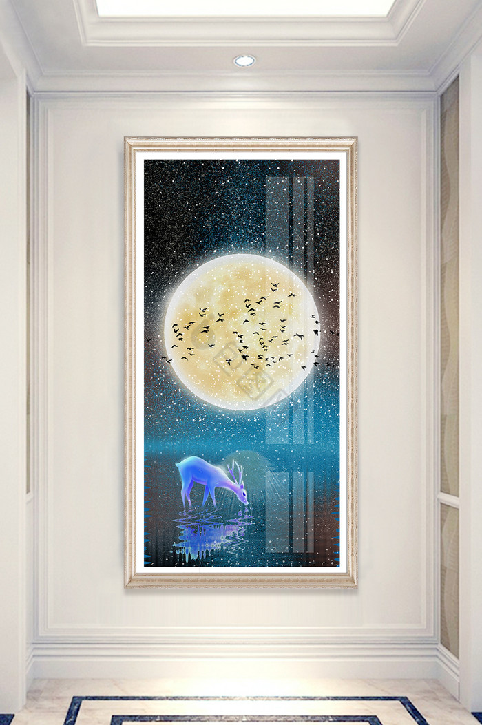 简欧月亮下的麋鹿风景晶瓷玄关装饰画图片