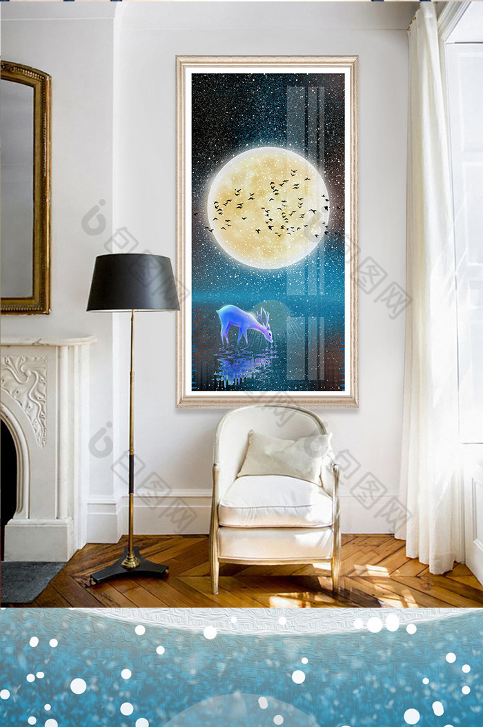 简欧月亮下的麋鹿风景晶瓷玄关装饰画