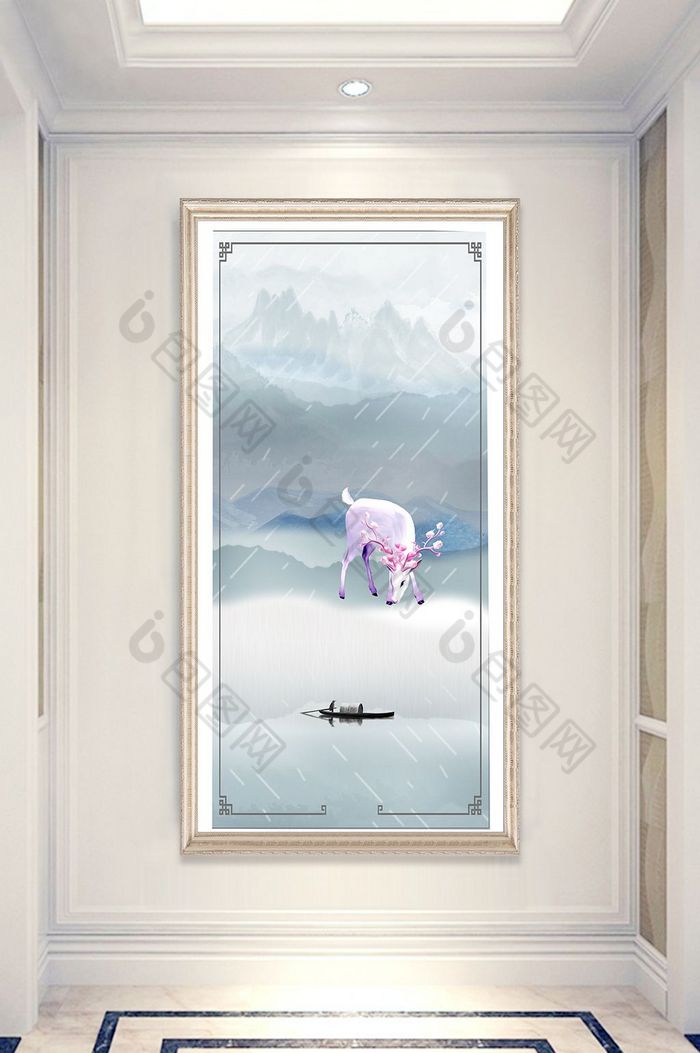 新中式山川划船风景晶瓷玄关装饰画图片图片