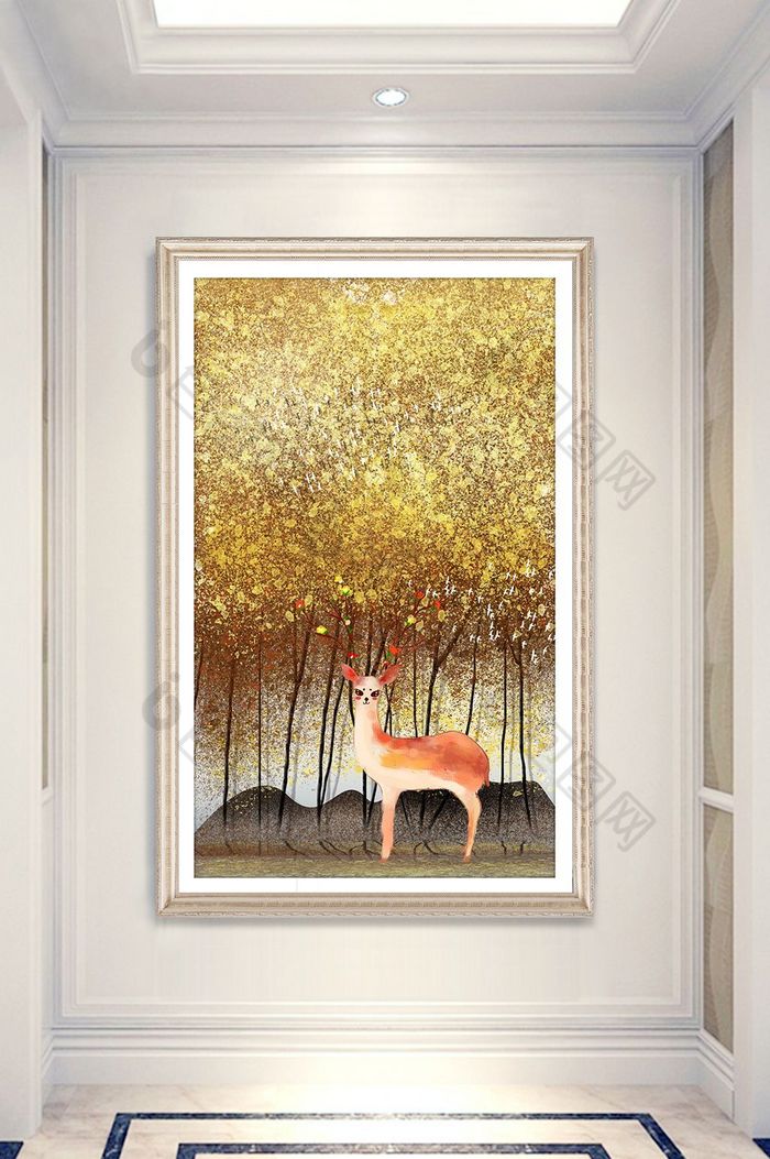 简欧高端金色森林麋鹿风景晶瓷玄关装饰画图片图片