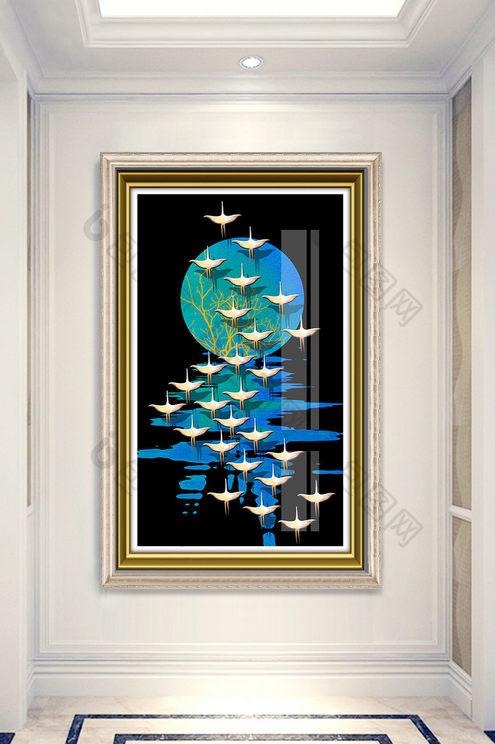 新中式立体飞鸟风景晶瓷玄关装饰画