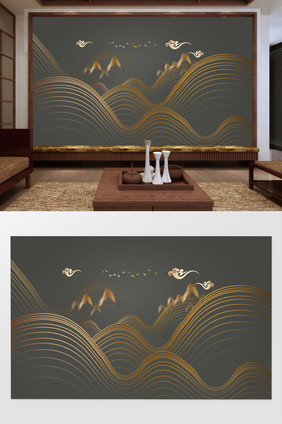现代新中式抽象线条水墨山水沙发背景墙