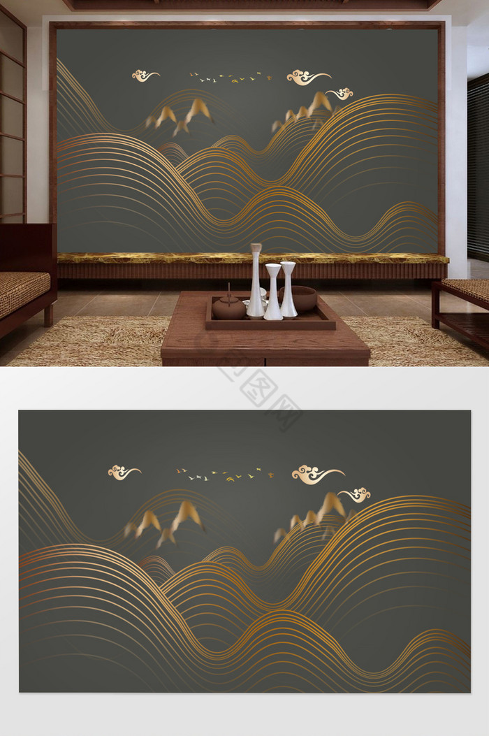现代新中式抽象线条水墨山水沙发背景墙图片
