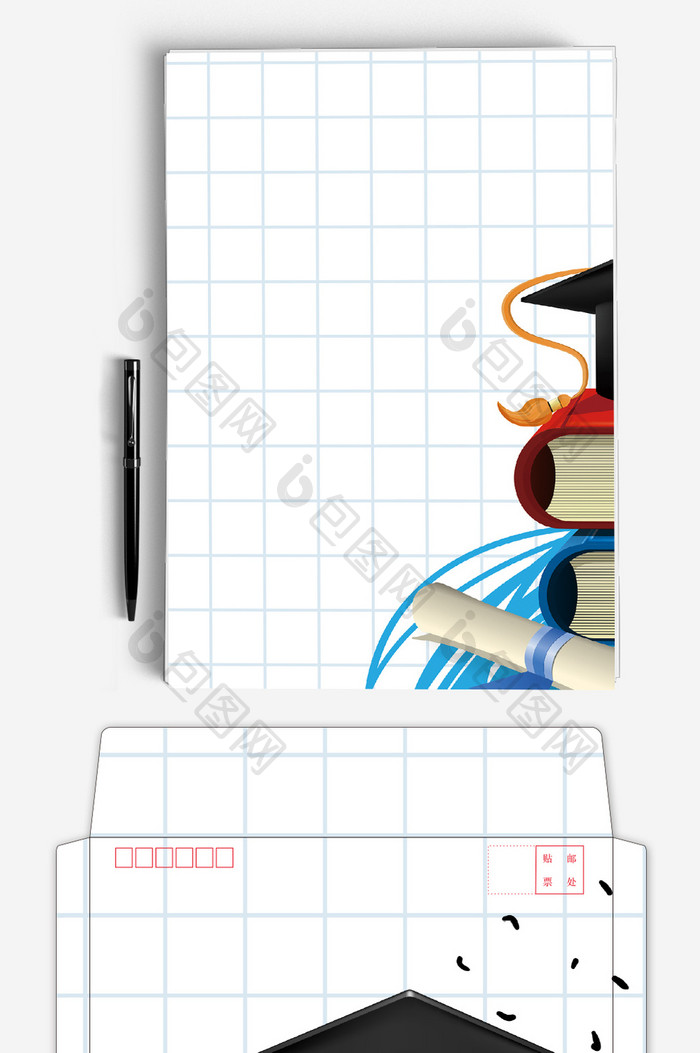 简约学士帽毕业背景信封信纸word模板