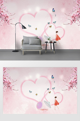 现代唯美爱心樱花背景墙图片