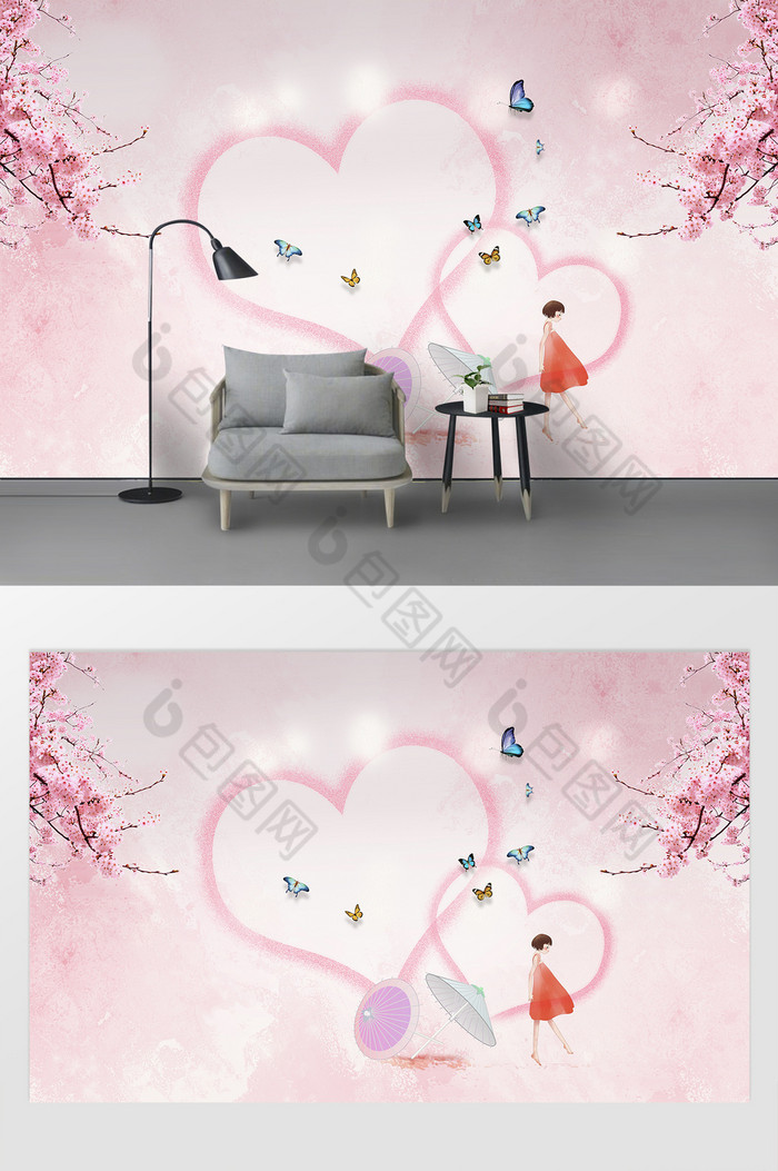 现代唯美爱心樱花背景墙图片图片