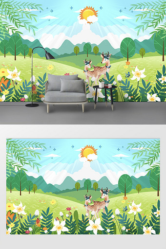 小清新植物风景画花蝶小鹿儿童房背景墙图片