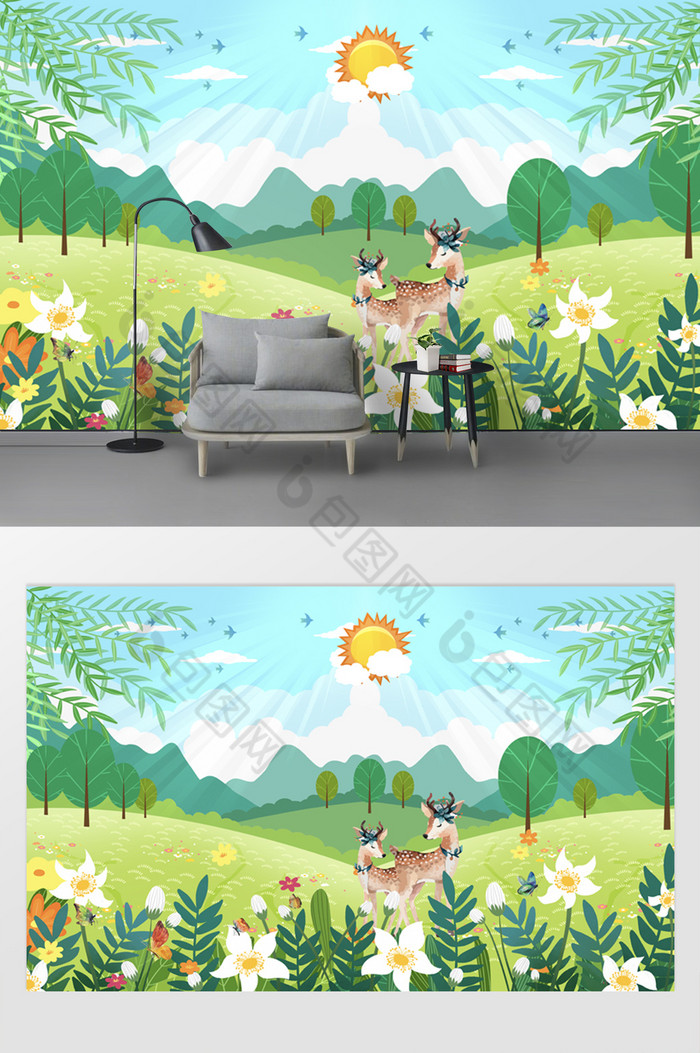 森林壁纸植物风景画花蝶小鹿儿童房背景墙儿童房背景墙图片