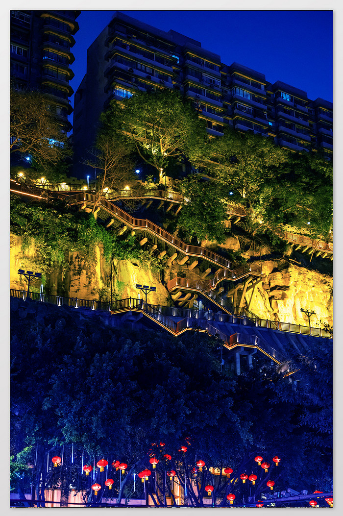 重庆洪崖洞空中栈道夜景灯光秀摄影图图片