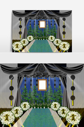 现代简约黑白蓝帷幔鲜花灵堂追悼会效果图