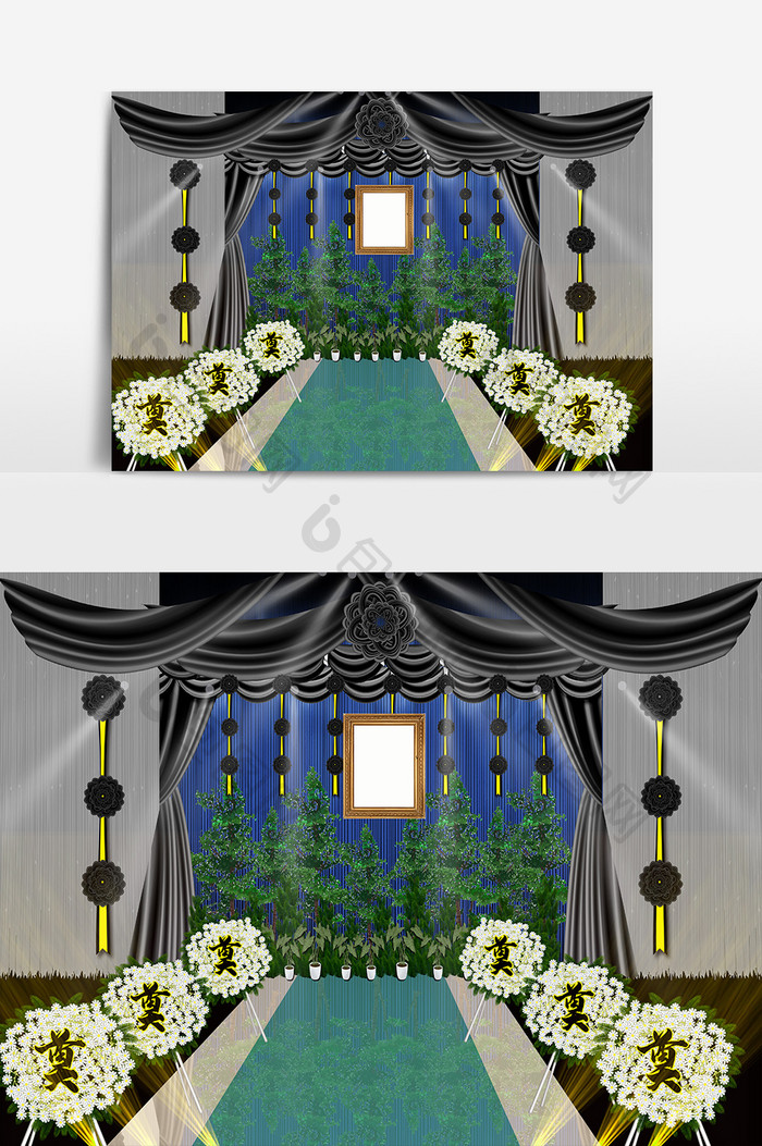 现代简约黑白蓝帷幔鲜花灵堂追悼会效果图