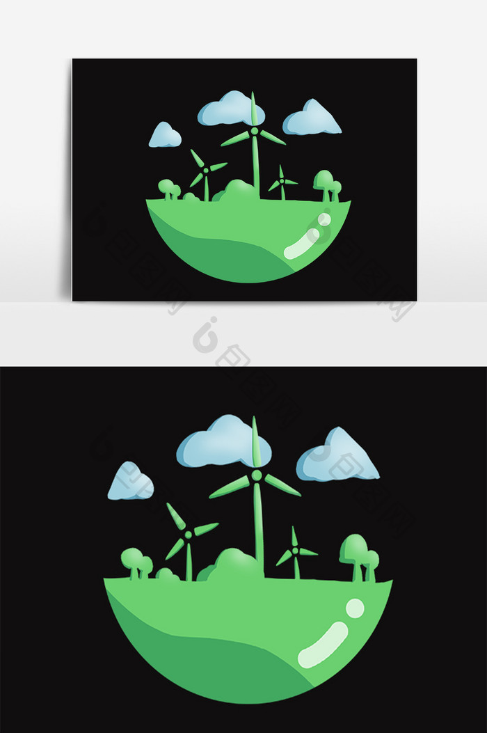 手绘发电建筑绿色风车插画