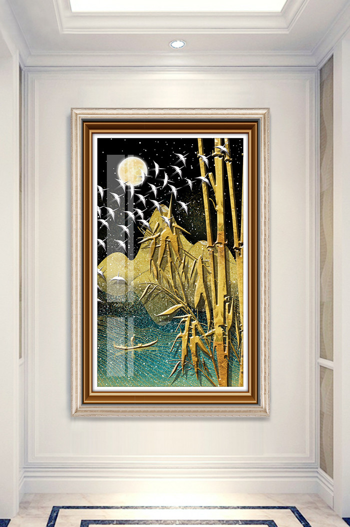 新中式金色竹子风景晶瓷玄关装饰画图片