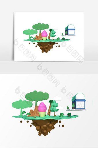 C4D低多边形山和树元素图片