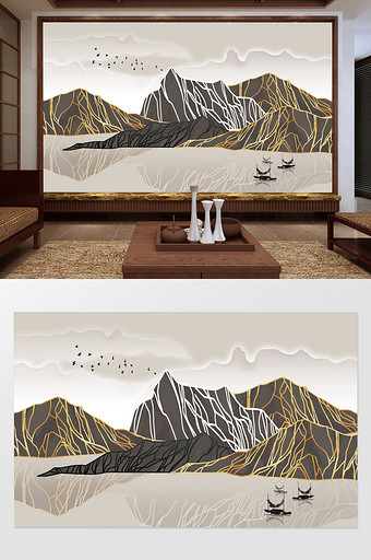 中式禅意水墨山水风景画背景墙装饰壁画图片