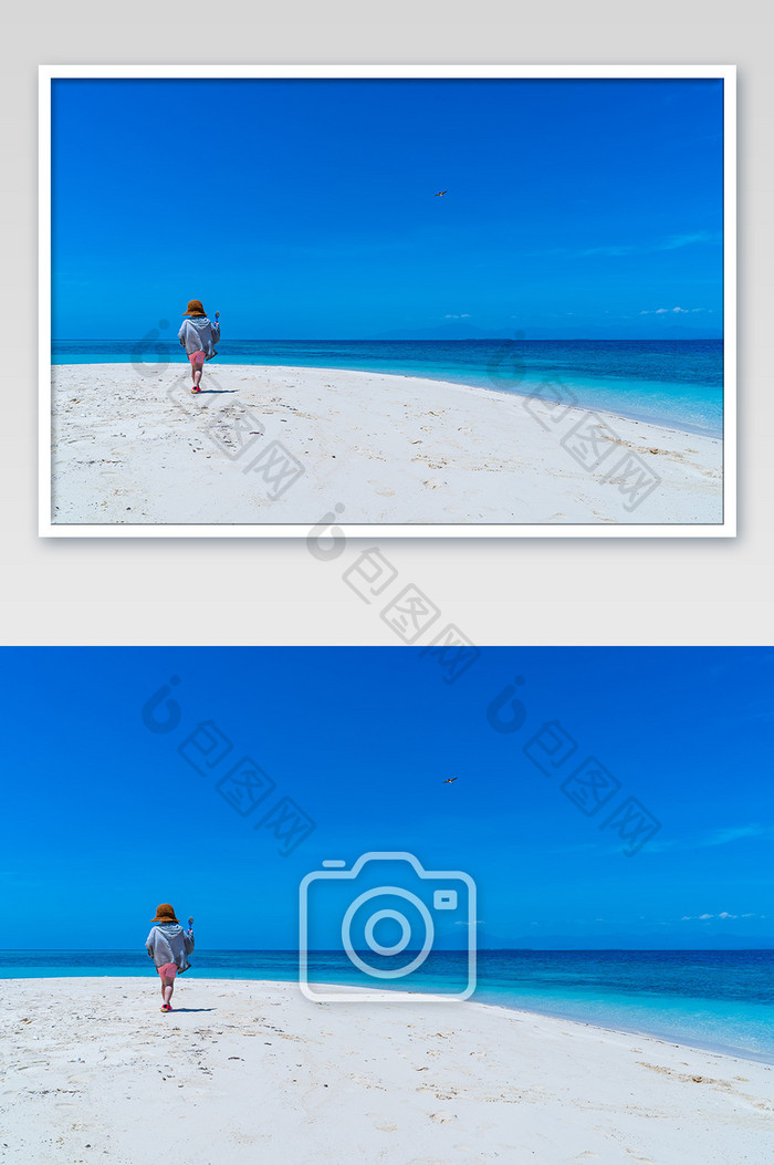 白色沙滩上行走的背影背景摄影图