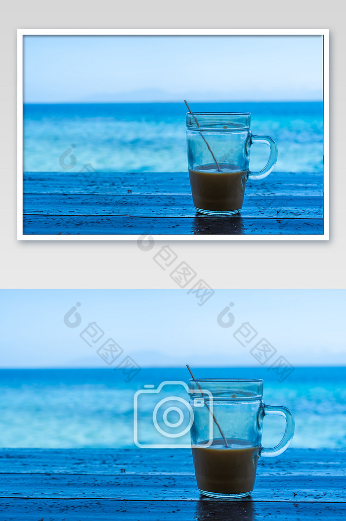 蓝色清晨海边独自一杯咖啡看海摄影图图片图片